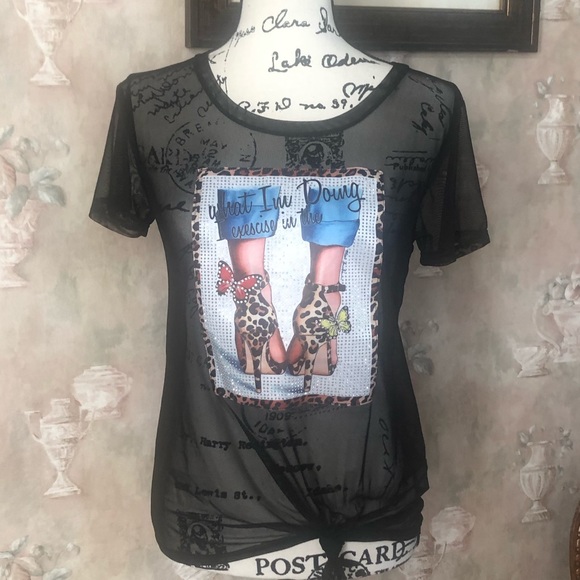 NWT RHINESTONE GRAHPIC MESH TOP - Picture 2 of 6